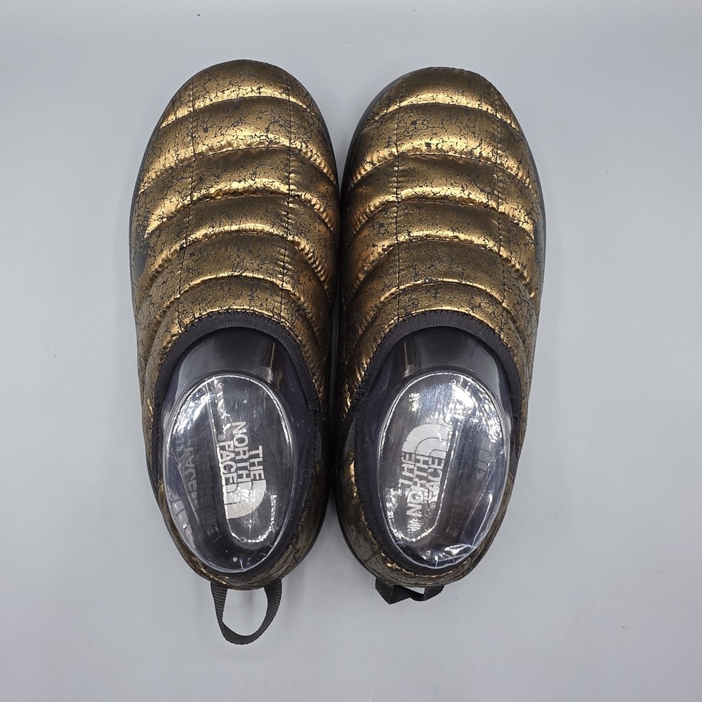 The North Face Thermoball Slippers Womens  7 Gold Black Faux Fur Lined Hard Sole - Picture 8 of 14